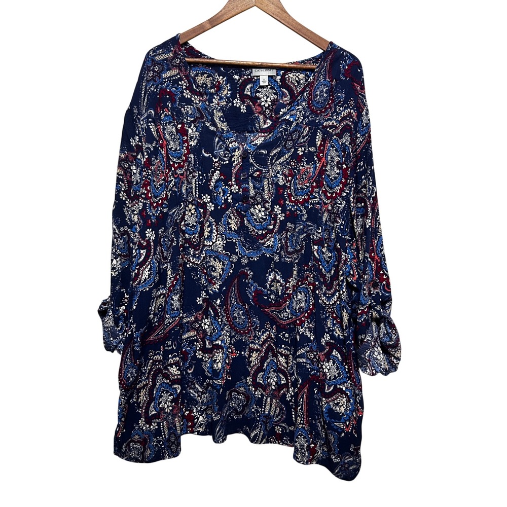 Catherines Womens Boho Peasant Henley Tunic 4X Blue Paisley Roll Tab Sleeve